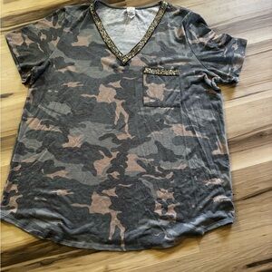 7th Ray Camo V-Neck Short Sleeve Shirt with Sequin Trim - Gray/Brown